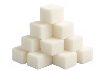 Pyramid of white sugar cubes on transparent background