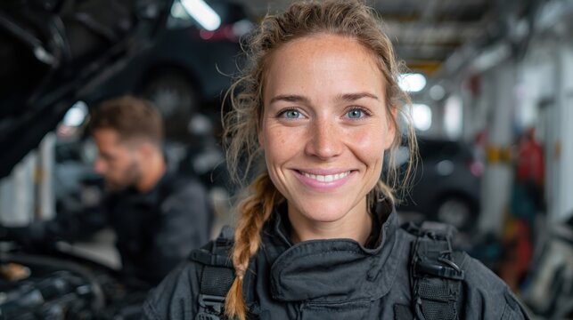 A confident woman in mechanic uniform smiles while working on a car engine, showcasing her expertise and breaking stereotypes in a traditionally male-dominated environment.