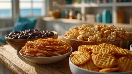 Fototapeta premium Inactive lifestyle with sugar intake and low sodium concept. Delicious assortment of snacks served in stylish bowls.