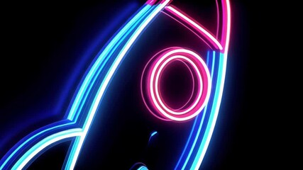 Creative neon rocket launching in space with vibrant colors, showcasing a futuristic design and bright lights in a digitally animated style