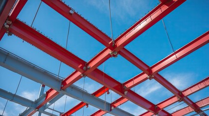 A Building Frame Made of Intersecting Steel Beams with Bolt Fasteners Painted Red and Blue, Set Against a Clear Sky with Sparse Clouds