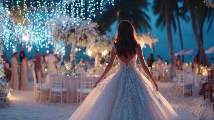 beautiful bride in elegant wedding dress in romantic decorated location animation