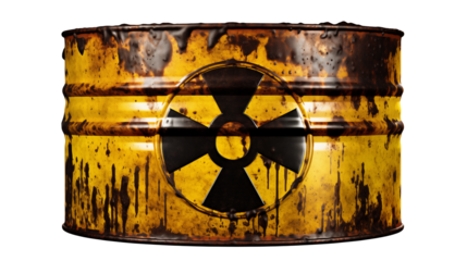 Yellow barrel with radioactive symbol shows nuclear waste Isolated on transparent Background 