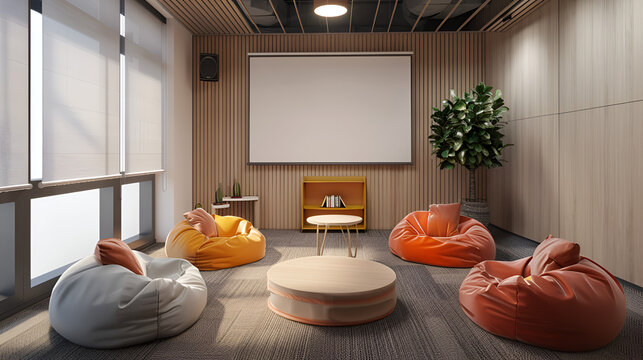 Contemporary relaxation room presents inviting beanbag chairs and a bright screen for presentations in a modern workplace setting.