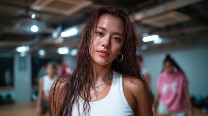 A confident young dancer with wet hair striking a pose, exuding energy and focus during a dance rehearsal in a bright studio filled with spotlights and fellow performers.