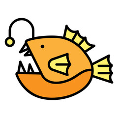 Cartoon Anglerfish with Bioluminescent Lure in Dark Ocean Depths