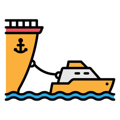 Tugboat towing a ship, vector illustration icon