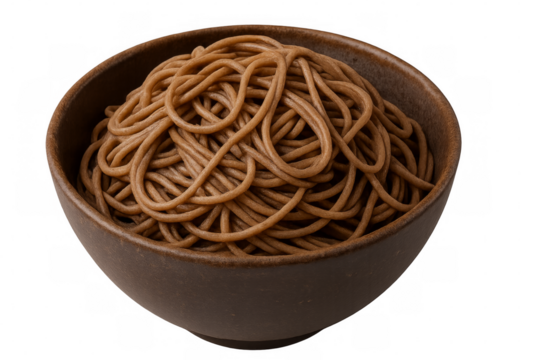 Bowl of soba noodles filling a brown ceramic bowl on transparent background
