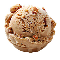 Almond ice cream scoop with nuts and caramel isolated on transparent background