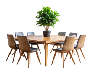  Modern Minimalist Conference Room with Large Table and Central Potted Plant, Isolated PNG