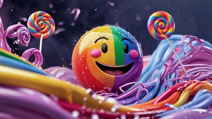 Opening scene revealing rainbow sphere bobbing and rotating amid candy ribbons, swirl lollipops - Powered by Adobe