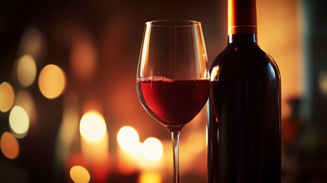 Sipping red wine in a romantic setting with blurry golden bokeh and dark bottle