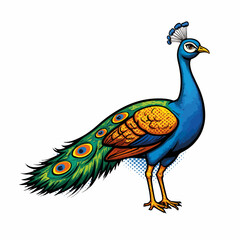 Obraz premium Peacocks in detailed illustration showcases beautiful plumage and vivid coloration. Peacocks, recognized for their iridescent feathers and elegant posture, make for captivating subject matter.