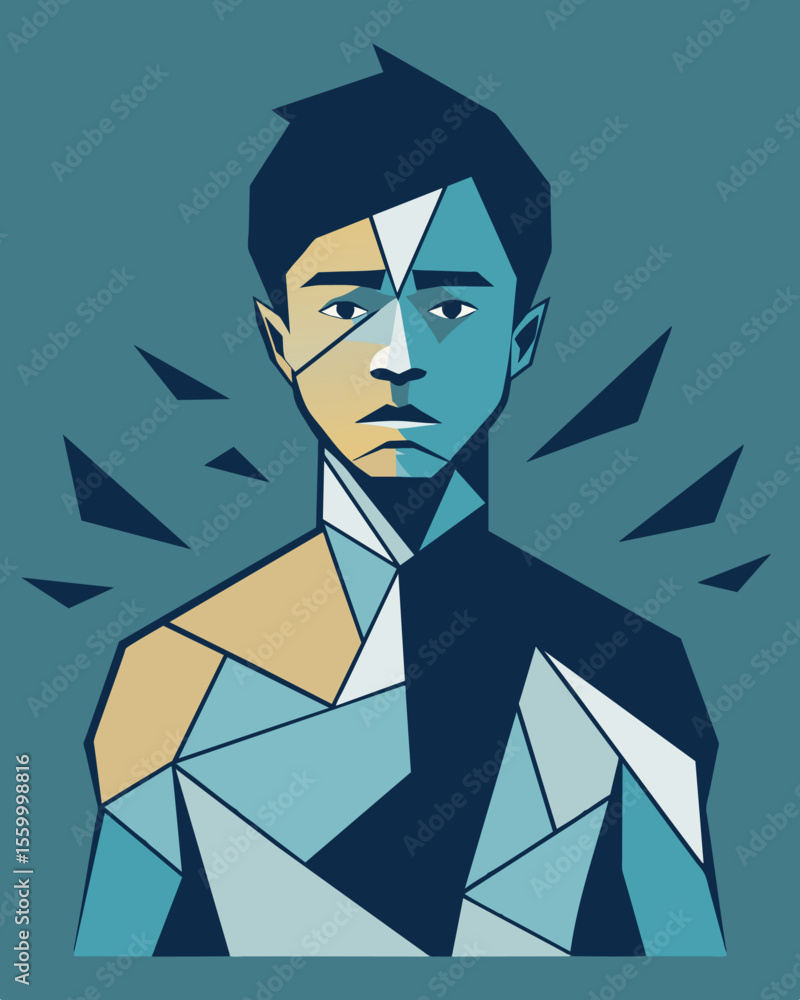 Poster a photograph of a distorted warped body shape made up of shattered pieces of mirrors representing th