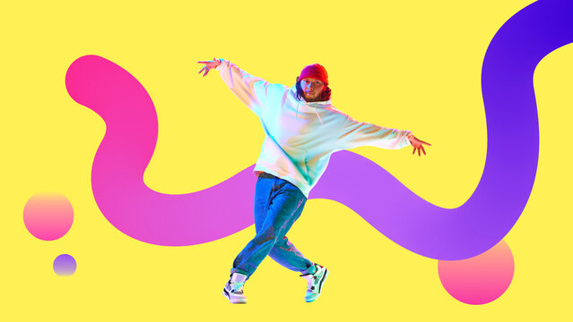 Hip-hop dancer leaps through a vibrant 3D gradient design with a colorful abstract background. Concept of expressing creativity and dynamic energy in motion. Bold poster, flyer