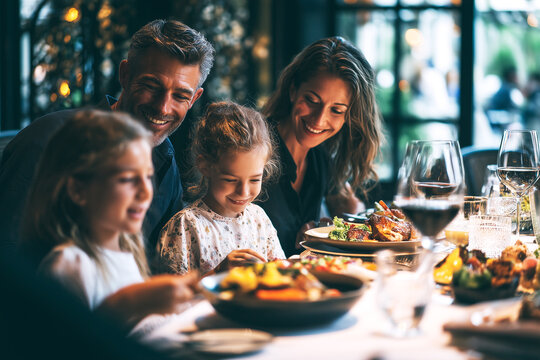 Una familia sonriente disfruta de una cena en un elegante restaurante con platos servidos y un ambiente c&aacute;lido. Evoca la uni&oacute;n familiar y una cena alegre; perfecto para anuncios de restaurantes.