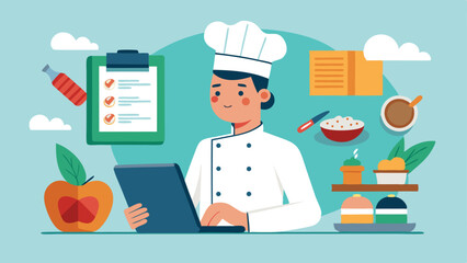 Cartoon chef character holding tray of food in kitchen uniform illustration