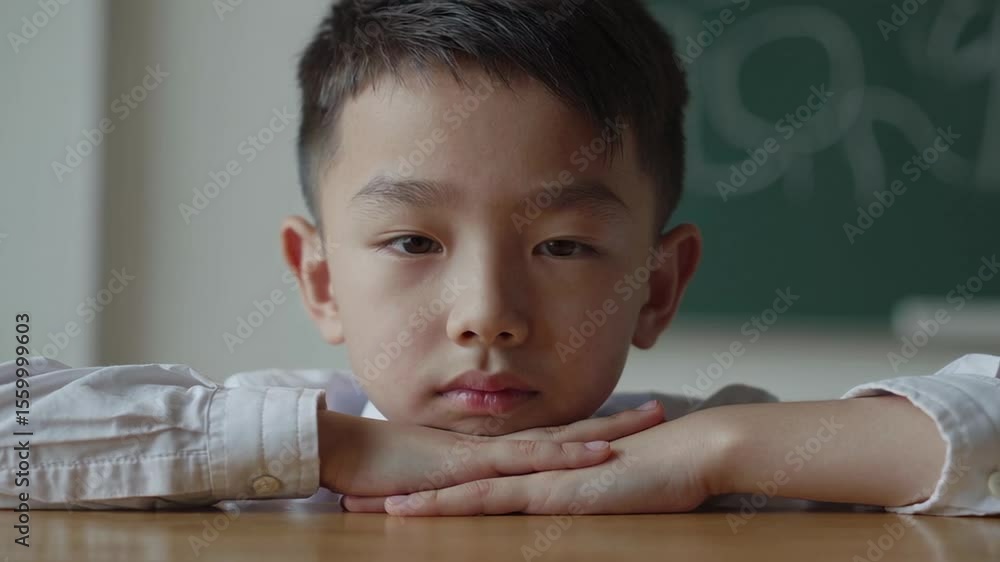 Poster Elementary school student with head resting on hands seems bored and tired while sitting at desk in classroom with chalkboard in background
