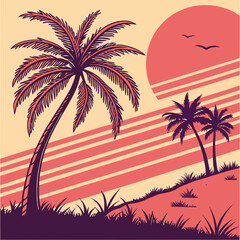 Tropical island sunset features palm trees and birds flying