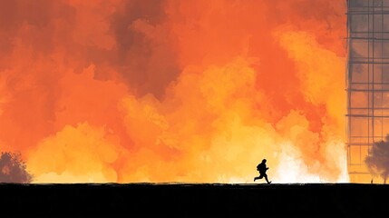 Burning City Escape: A lone figure flees a raging inferno engulfing a modern cityscape. The vibrant orange flames contrasts against the silhouette of a person running away.