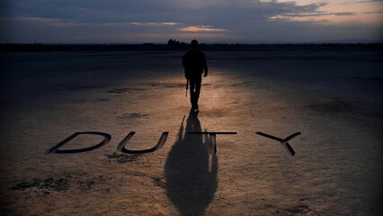 Soldier Walking on Duty in Desolate Landscape: Soldier with Rifle Walking Over Duty, Military Duty in Post-War Landscape, Soldier's Duty in Desolate Terrain with Shadow