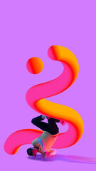 Obraz na płótnie Canvas A person balances under a vibrant 3D gradient abstract shape set against a purple background. Concept of bold youth identity expressed through kinetic color, in flux through stylized poses