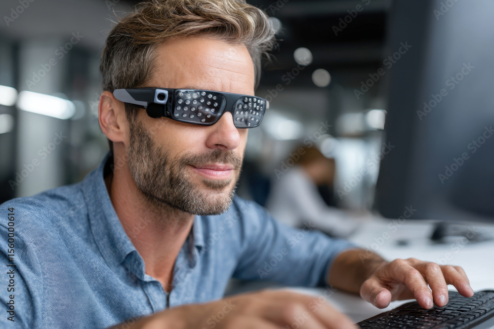 Aufkleber man using smart glasses while working at a modern office desk during the day