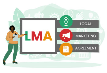 LMA - Local Marketing Agreement acronym, business concept. word lettering typography design illustration with line icons and ornaments. Internet web site promotion concept vector layout