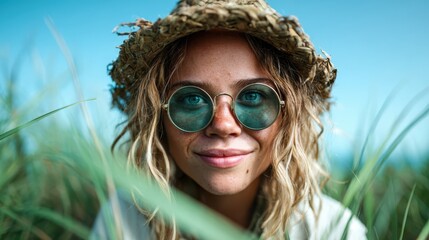 A cheerful young woman in a straw hat smiling amidst lush green grass, showcasing a connection with nature and a carefree summer vibe in bright sunlight.