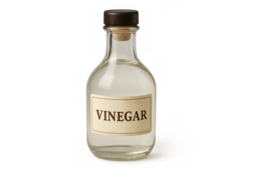 Glass bottle containing vinegar with transparent background