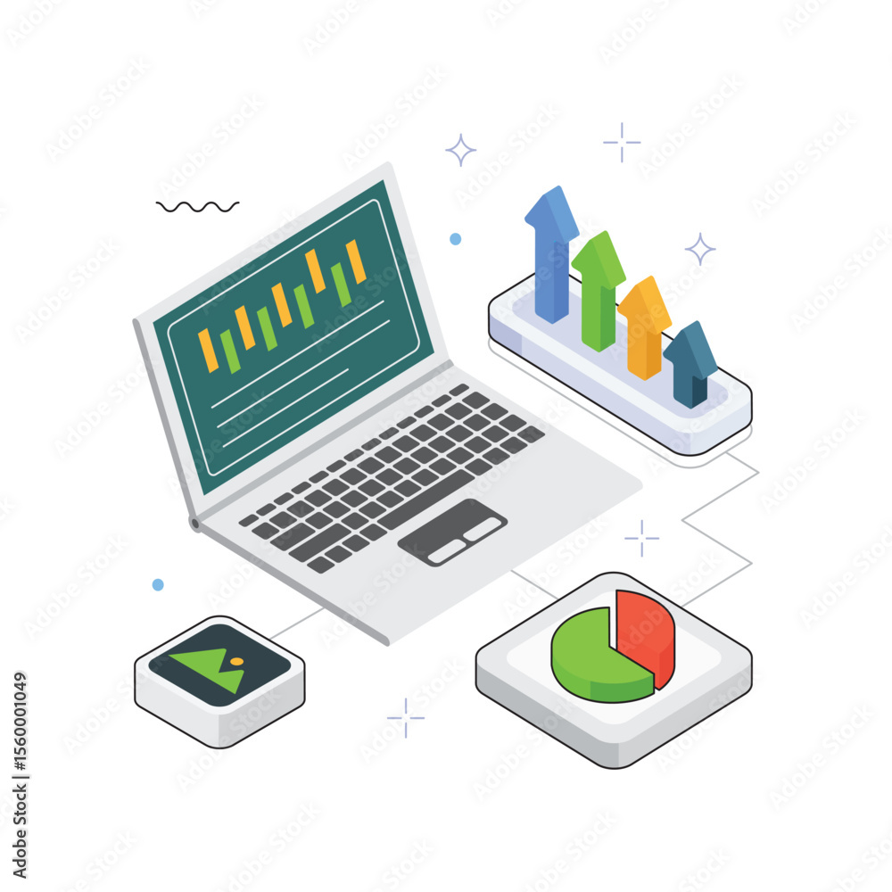 Poster bar graph on dashboard vector isometric illustration. eps 10 file