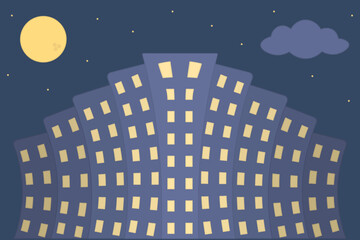 Night city landscape. Color vector illustration. Multi-storey apartment building with many luminous windows. Full moon, cloud and stars in the sky. Isolated white background. Cartoon. 