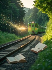 Fototapeta premium A green train approaching through a lush forest with open books placed along the railroad tracks