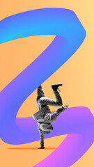 A break-dancer in grayscale executes move in front of dynamic 3D blue-purple gradient curve...