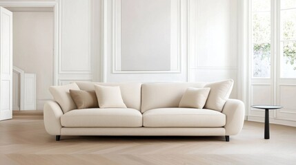 Fototapeta premium Minimalist living room featuring a neutral sofa, bright white walls, and an open area for a customizable banner message.