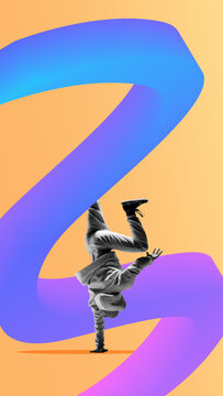A break-dancer in grayscale executes move in front of dynamic 3D blue-purple gradient curve backdrop. Concept of contrast between monochrome and vibrant color. Motion-driven engagement in brand