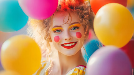 Clown woman with balloons smiling at camera. Party face paint and makeup.