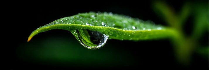 Close up shot of a green leaf with water droplets clinging to it against a dark blurred background