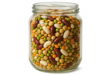 Glass jar filled with colorful assorted legume seeds on transparent background