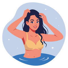 Flat vector of woman flipping wet hair near water, enjoying summer vacation. Flat vector showcases woman's joyful expression as she flips her wet hair,