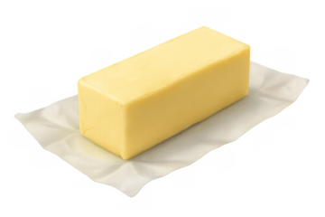 Stick of butter resting on wax paper with transparent background