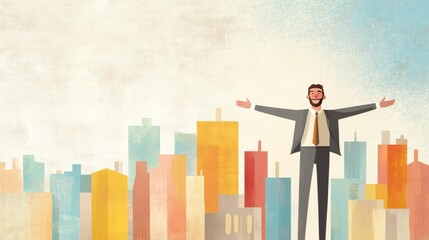 Confident businessman celebrating success in vibrant urban landscape, perfect for showcasing a motivational business slogan