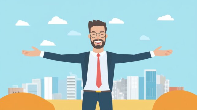 Confident businessman celebrating success, vibrant city skyline in background, ideal for motivational business messaging