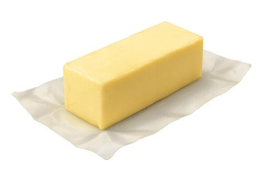 Stick of butter resting on wax paper with transparent background