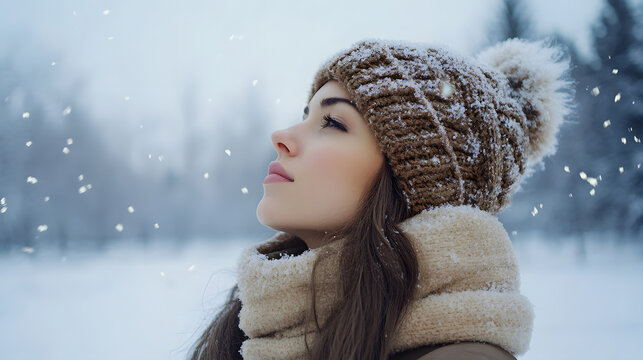 Woman in winter hat looking up at falling snow. 