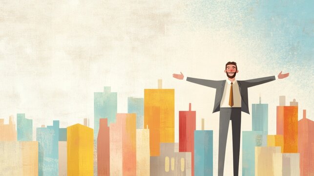 Confident businessman celebrating success in vibrant urban landscape, perfect for showcasing a motivational business slogan