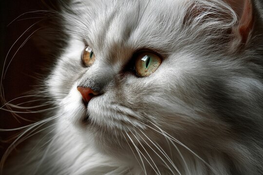 AI-generated illustration of a fluffy white cat with striking green eyes in soft lighting