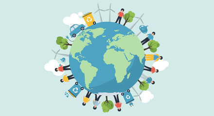 Fototapeta premium This vector image depicts a diverse group of people standing around the Earth, representing global efforts for sustainability