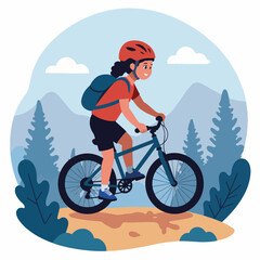 Girl mountain biking trail depicts young woman riding bicycle outdoors, amidst nature. Girl mountain biking trail adventure in countryside provides an exhilarating experience,