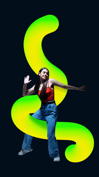 Fototapeta A dancer poses with a glowing green 3D gradient shape in an abstract composition. Concept of bold silhouettes in urban choreography, movement shaping personal aesthetics